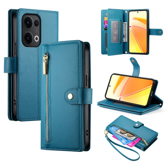 Etui z klapką do Oppo Reno 13 5G, Wallet Zipper Pocket, niebieskie