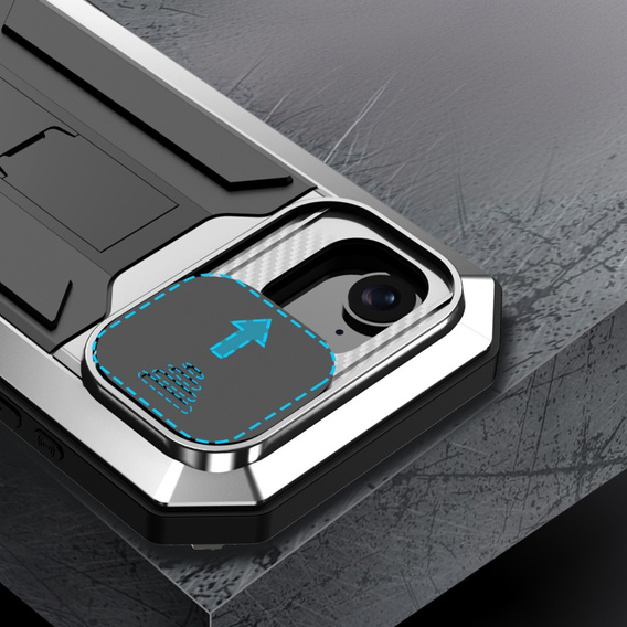Etui pancerne do iPhone 16E, R-JUST, z ruchomą przesłoną aparatu, srebrne