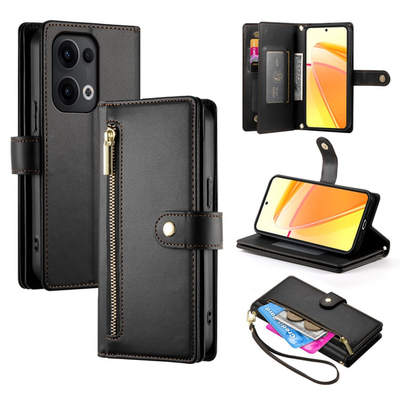 Etui z klapką do Oppo Reno 13 Pro 5G, Wallet Zipper Pocket, czarne