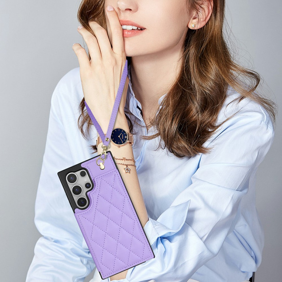 Etui do Samsung Galaxy S25 Ultra z kieszeniami na karty, paskiem i funkcją podstawki – fioletowe