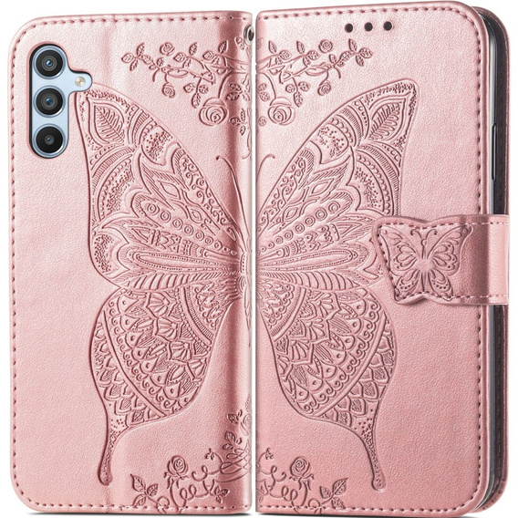 Etui z klapką do Samsung Galaxy A17 5G, portfelowe, Motyl, różowe rose gold