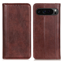 Etui z klapką do Google Pixel 10 Pro XL / 9 Pro XL, z kieszonką, skórzane, brązowe