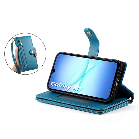 Etui z klapką do Samsung Galaxy A17 5G, Wallet Zipper Pocket, portfelowe, niebieskie