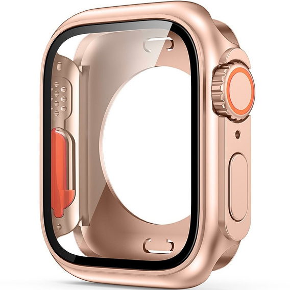 2w1 Pełne Etui + Szkło Hartowane do Apple Watch 7/8/9 41MM, Rożowe rose gold/Pomarańczowe