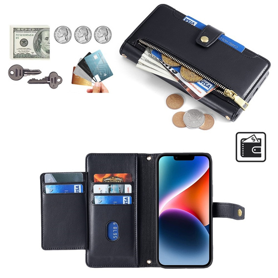 Etui z klapką do iPhone 14, Wallet Zipper Pocket, czarne