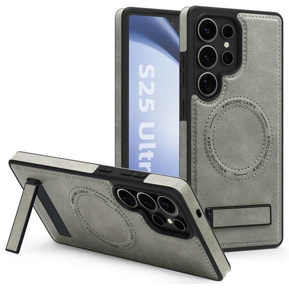 Etui skórzane z podstawką do Samsung Galaxy S25 Ultra – kompatybilne z MagSafe, szare