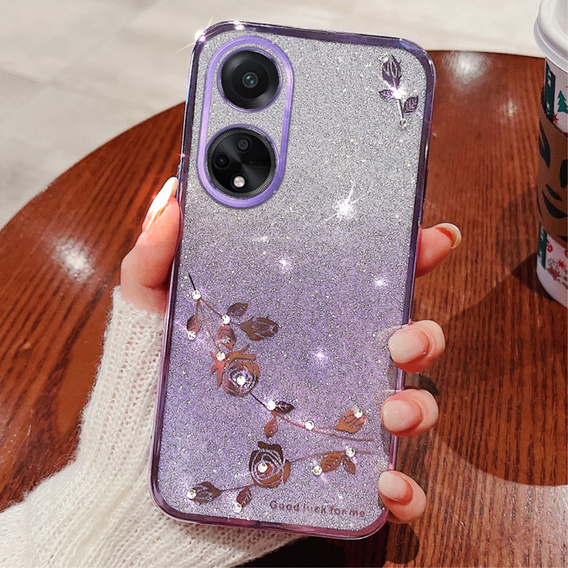 Etui do Oppo A58 4G, Glitter Flower, fioletowe