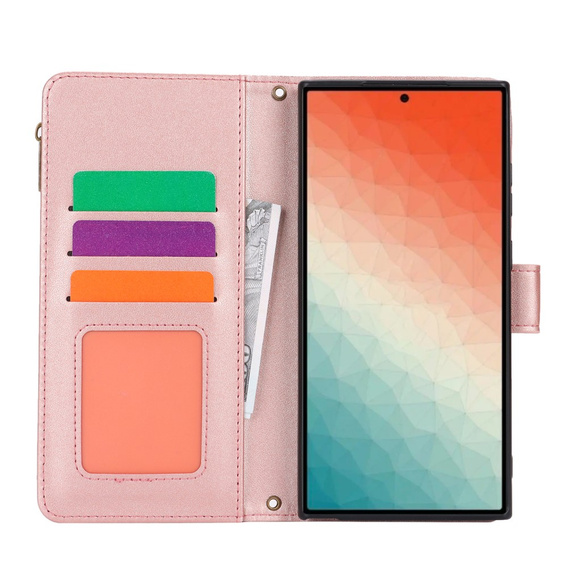 Etui z klapką do Samsung Galaxy S24 Ultra, Wallet Zipper Pocket RFID, z paskiem na ramię, różowe rose gold