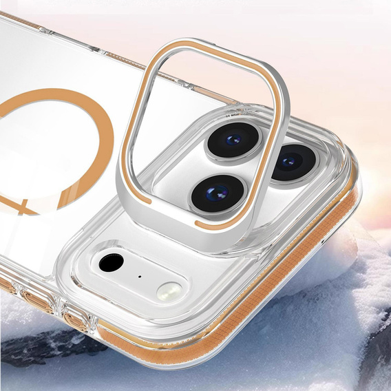 Etui do iPhone 17 Pro, do MagSafe, z podstawką, transparentne ze złotymi wstawkami
