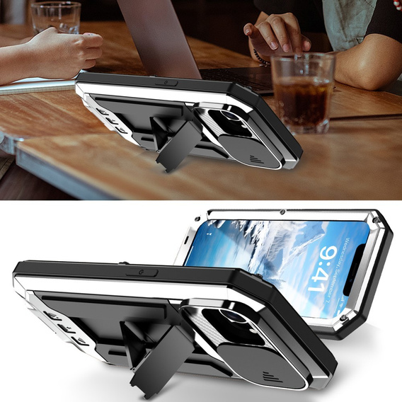 Etui pancerne do iPhone 16E, R-JUST, z ruchomą przesłoną aparatu, srebrne