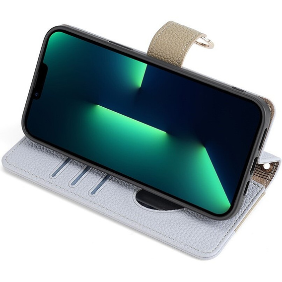 Etui z klapką do iPhone 15, Wallet Zipper Pocket, z lusterkiem, niebieskie