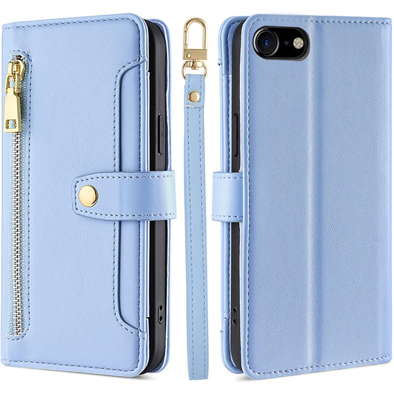 Etui z klapką do iPhone 16E, Wallet Zipper Pocket, niebieskie