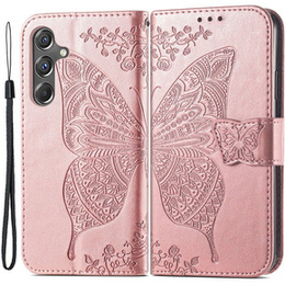 Etui z klapką do Samsung Galaxy A15, Butterfly, różowe rose gold + szkło 9H
