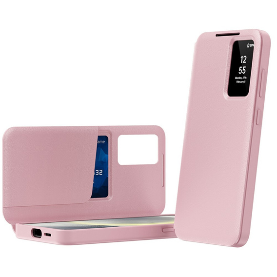 Etui do Samsung Galaxy A56 5G – skórzane z okienkiem Smart View i kieszenią na kartę, różowe