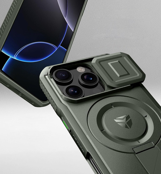Etui pancerne Dexnor CamProtect do iPhone 16 Pro – z MagSafe, podstawką i ochroną ekranu - zielone