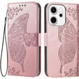 Etui z klapką do Oppo Reno 14, Motyl, portfelowe, różowe rose gold