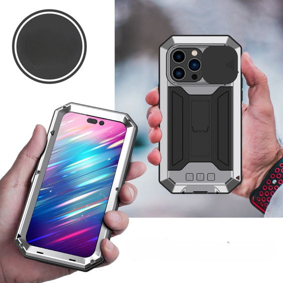 Etui do iPhone 14 Pro, R-JUST CamShield Slide, pancerne, srebrne / czarne