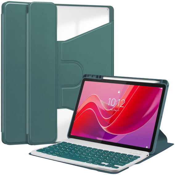 Etui z klawiaturą do Lenovo Tab M11, Rotary 360° Leather, ciemnozielone
