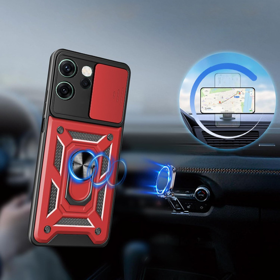 Etui pancerne do Oppo Reno 14F, z ochroną aparatu, z podstawką, czerwone