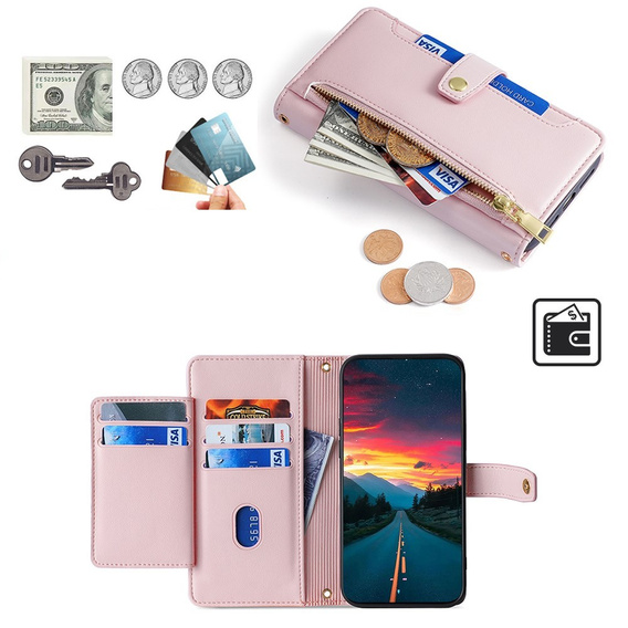 Etui z klapką do Realme 14 Pro+ 5G, Wallet Zipper Pocket, różowe