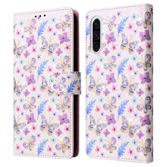 Etui z motywem kwiatowo-motylkowym do Samsung Galaxy A56 5G – skórzane, z ochroną RFID i kieszonkami na karty, zdjęcie i banknoty