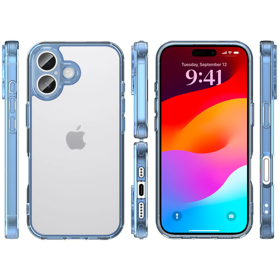 Etui do iPhone 17, z osłoną aparatu, przezroczyste z niebieskimi bokami