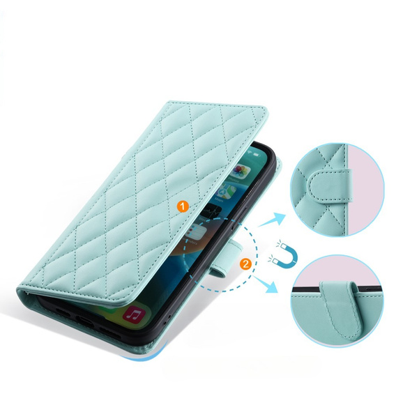 Etui z klapką do iPhone 16, Rhombus Crossbody Leather, zielone