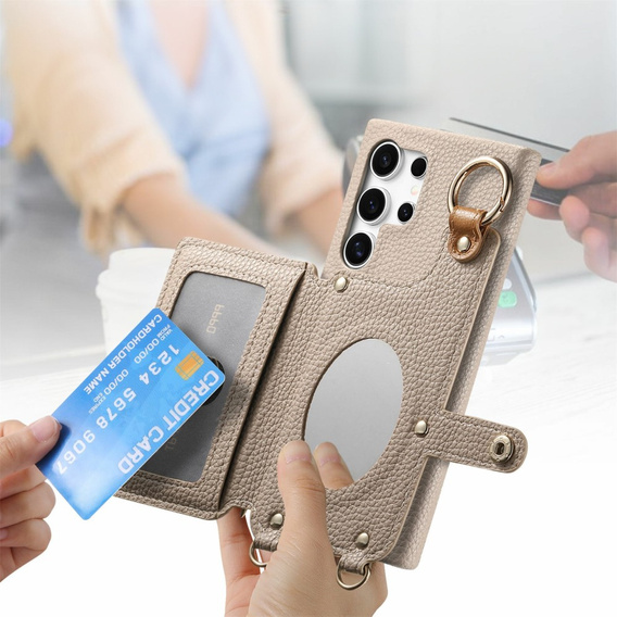 Etui do Samsung Galaxy S25 Ultra – z klapką, paskiem i kieszenią, beżowe