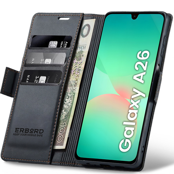 Etui do Samsung Galaxy A26 5G, ERBORD Glossy Litchi, portfel z klapką, czarne