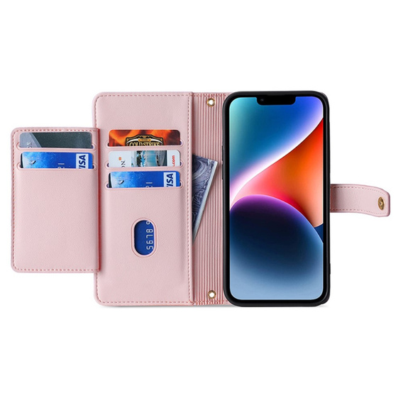 Etui z klapką do iPhone 15, Wallet Zipper Pocket, różowe