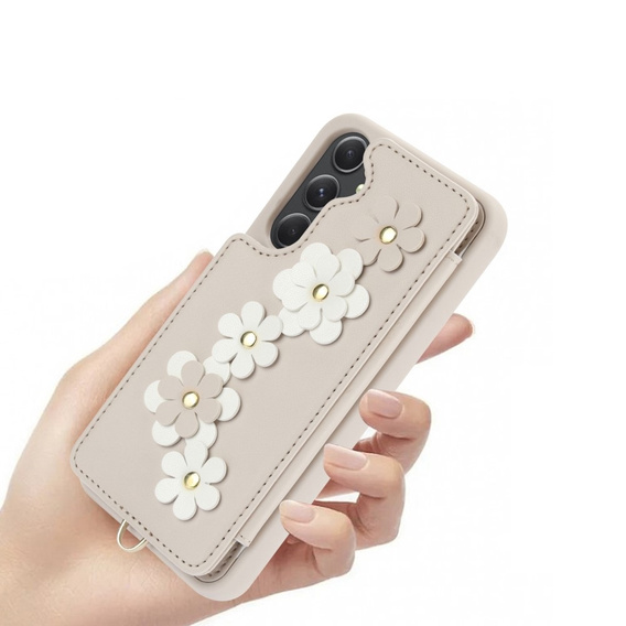 Etui do Samsung Galaxy A55 5G, Leather Flower Card Slot, beżowe