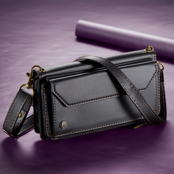 Etui z klapką do Samsung Galaxy A17 5G, portfelowe z zamkiem i paskami - czarne