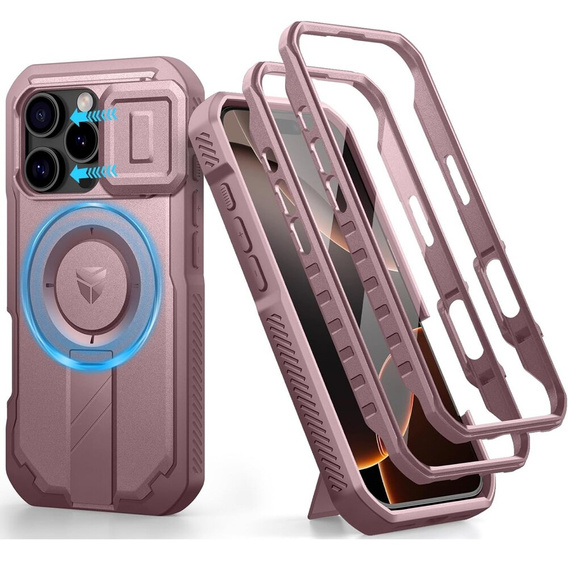 Etui pancerne do iPhone 16 Pro, Dexnor CamProtect MagSafe, różowe (Dwie ramki)