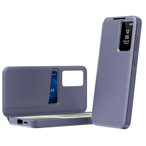 Etui do Samsung Galaxy S25 Edge – skórzane z okienkiem Smart View i kieszenią na kartę, fioletowe