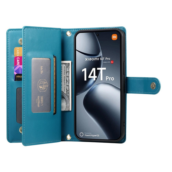 Etui z klapką do Xiaomi 14T Pro, Wallet Zipper Pocket, niebieskie