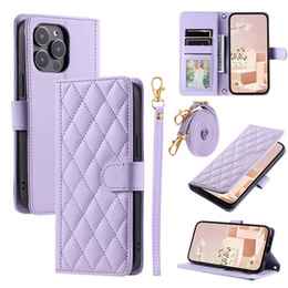 Etui z klapką do iPhone 16 Pro Max, Rhombus Crossbody Leather, fioletowe