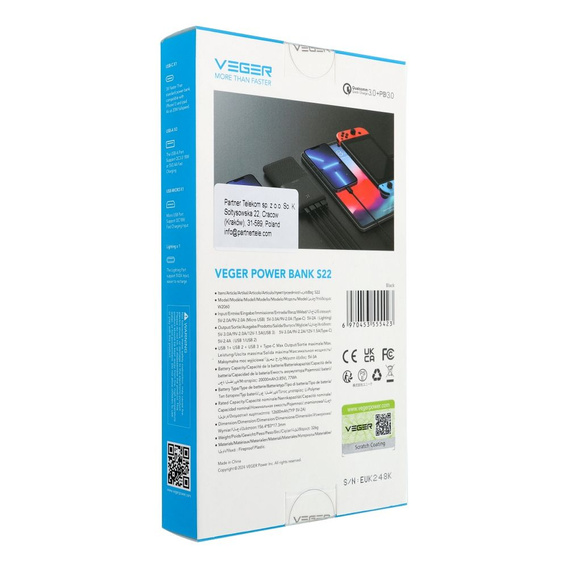 Powerbank VEGER S22 20000 mAh 20W PD QC3.0 – Czarny