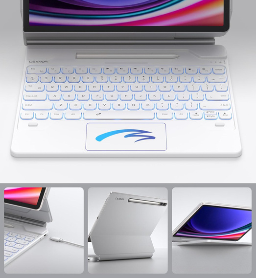 Etui z klawiaturą do Samsung Galaxy Tab S7+ / S7 FE / S9+ / S8+ / S9 FE+ / S10+, Dexnor Magnetic Keyboard Touchpad, białe