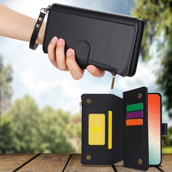 Etui z klapką do Samsung Galaxy S24, Wallet Zipper Pocket RFID, z paskiem na ramię, czarne