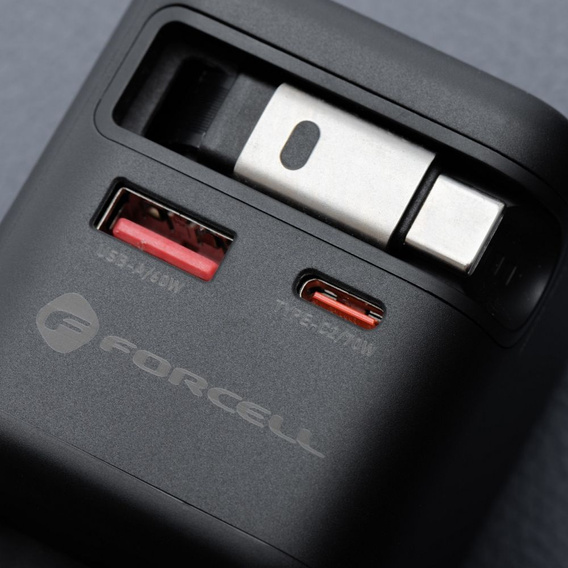 Ładowarka sieciowa GaN z USB-C, USB-A i zwijanym kablem USB-C 70 W