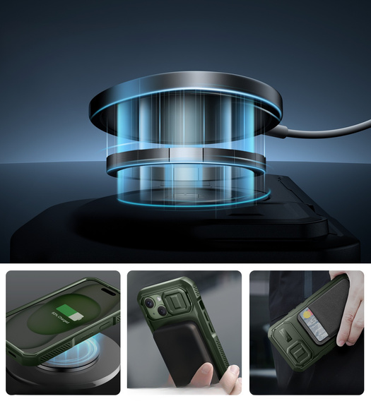 Etui pancerne do iPhone 15, Dexnor CamProtect MagSafe, zielone (Dwie ramki)