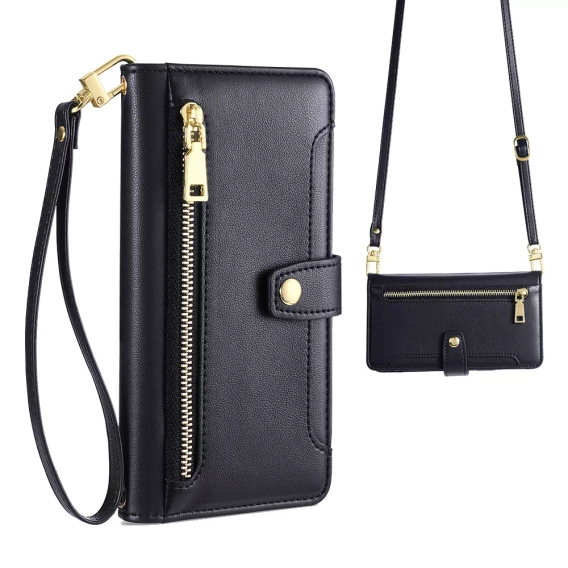 Etui z klapką do iPhone 16E, Wallet Zipper Pocket, czarne
