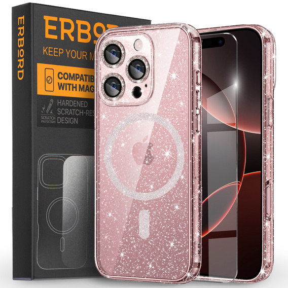 Etui do iPhone 16 Pro Max, ERBORD Glitter MagSafe, różowe + Szkło na ekran