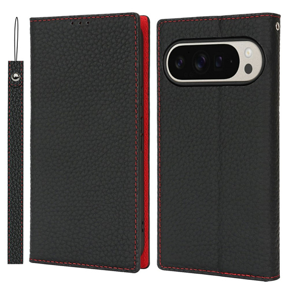 Etui z klapką do Google Pixel 10 Pro XL, skórzane Litchi Grain, czarne