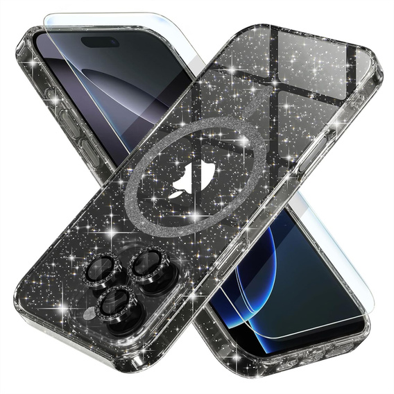 Etui do iPhone 16 Pro Max, ERBORD Glitter MagSafe, czarne + Szkło na ekran