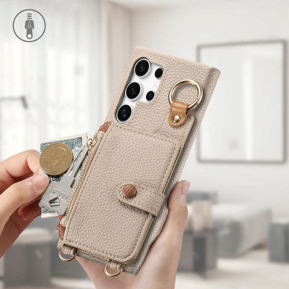 Etui do Samsung Galaxy S25 Ultra – z klapką, paskiem i kieszenią, beżowe