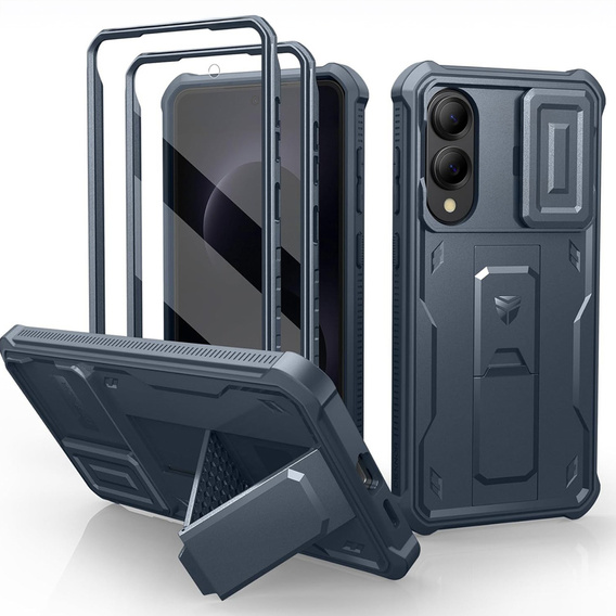 Wytrzymałe etui Dexnor do Samsung Galaxy S25 Edge z osłoną kamery i podstawką - niebieskie