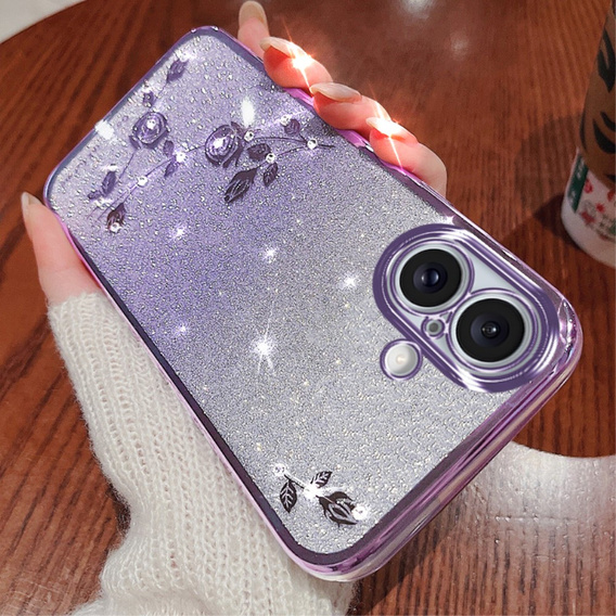Etui do iPhone 16, Glitter Flower, fioletowe