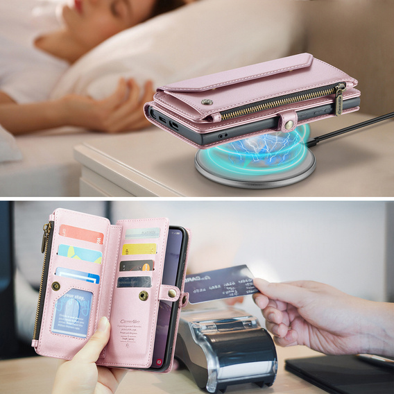 Etui CASEME do Samsung Galaxy S25 FE, RFID Leather Wallet, z paskiem na ramię, różowe