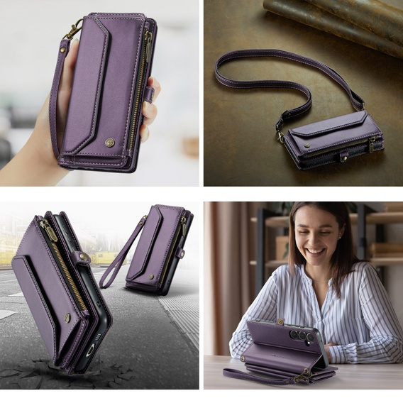 Etui CASEME do Samsung Galaxy A55 5G, RFID Leather Wallet, z paskiem na ramię, fioletowe